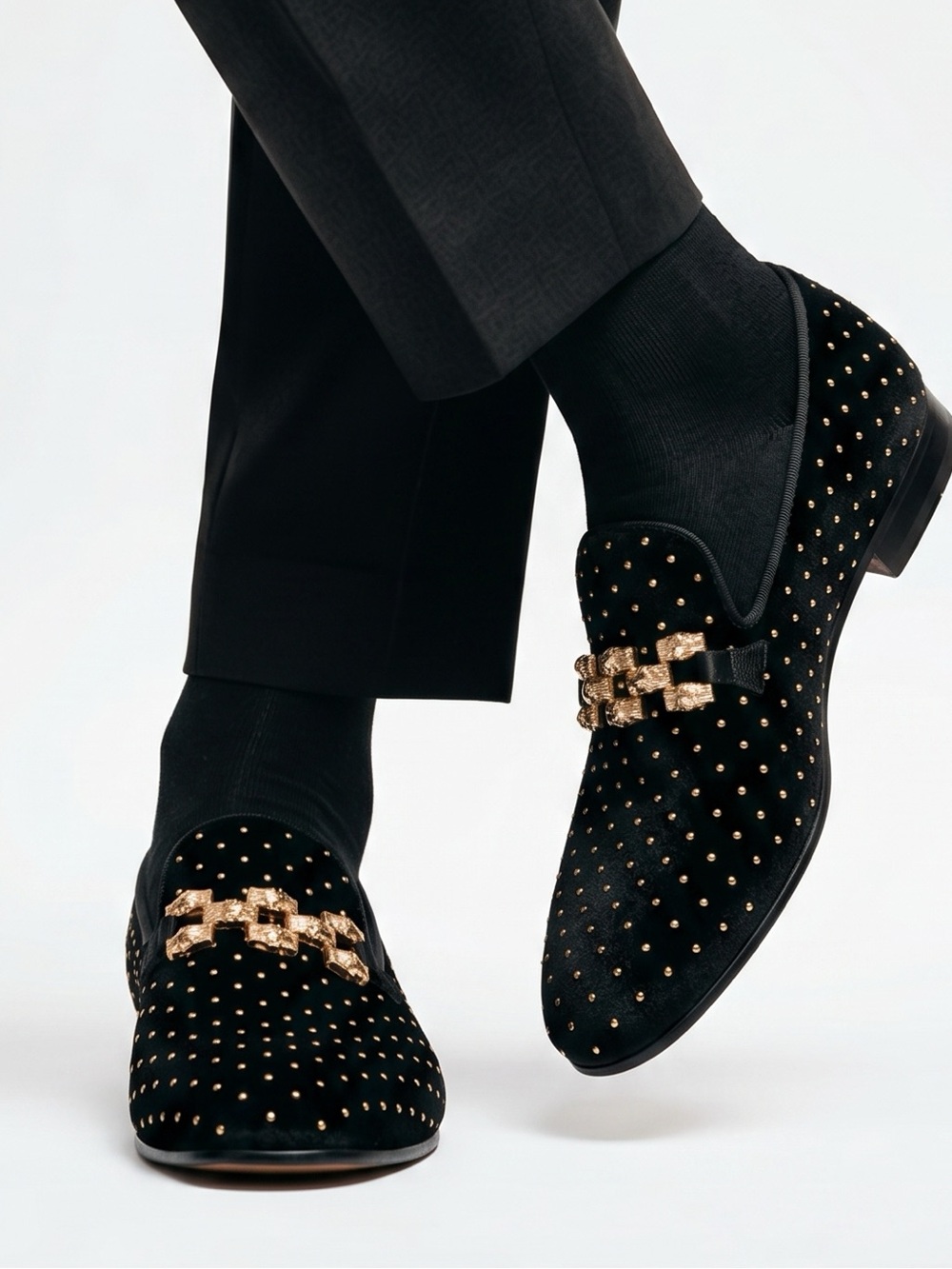 Black Velvet Men's Slip-On Loafers with Gold Chain Accent